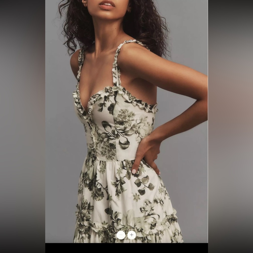 Anthropologie Green and White Floral Midi Dress Size Medium * Flaw!!!